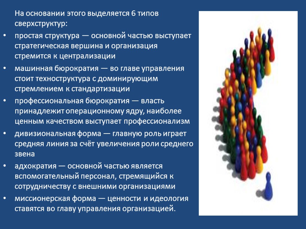 На основании этого выделяется 6 типов сверхструктур: простая структура — основной частью выступает стратегическая